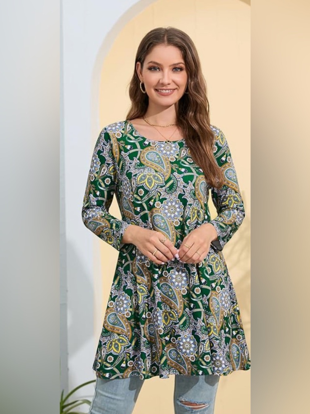 MWT- 2XL Gold Paisley 3/4 Sleeve Tunics Dressy Casual Loose Blouses Swing Flare - Picture 2 of 10